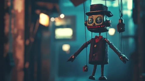 Wind-up marionette robot drifts through neon alleyway night.