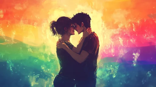 Couple Embracing Against Rainbow Light.