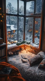 Candlelit winter nook dreaming beside a snow-draped city window.