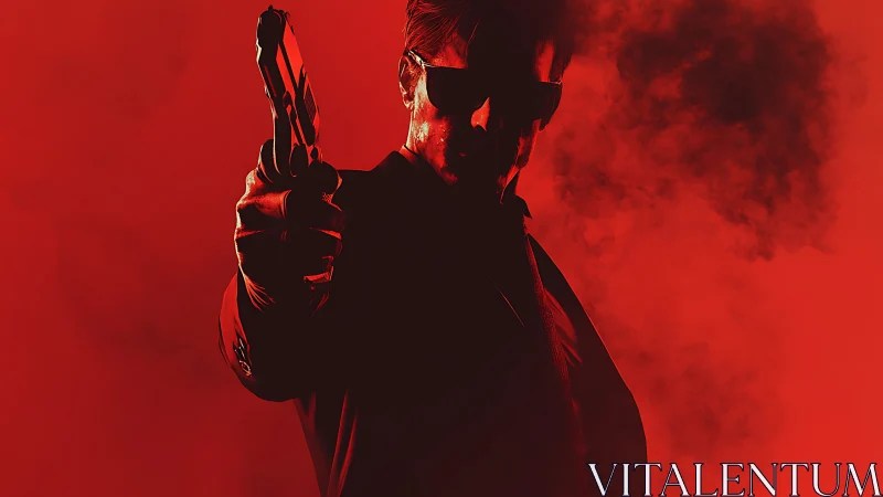 Silhouetted armed figure in red smoke with forward handgun aim.