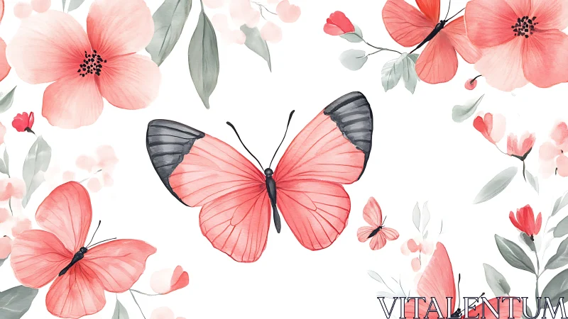 Coral butterflies drift among soft watercolor blossoms.