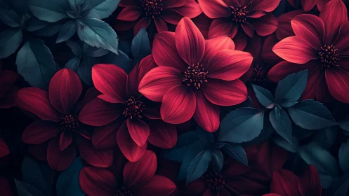 Crimson Dahlias in Twilight Garden Blooming