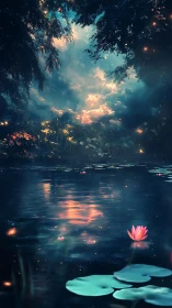 Enchanted lotus pond under luminous twilight sky reflection.
