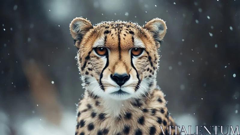 Snow-dusted cheetah portrait under soft winter snowfall.