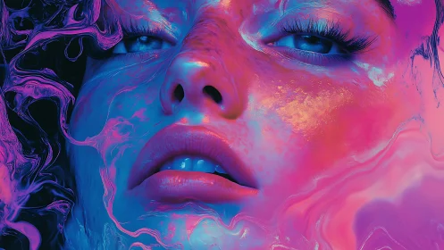 Digitally rendered face merges with fluid neon gradients