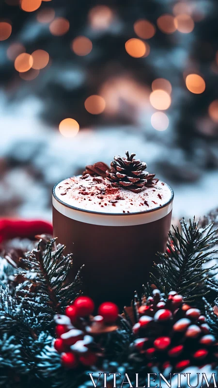 Pinecone cocoa crowned in twinkling winter bokeh glow.