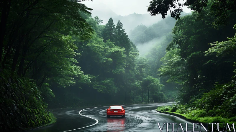 Red sports car navigates misty mountain river canyon with dramatic atmospheric depth.