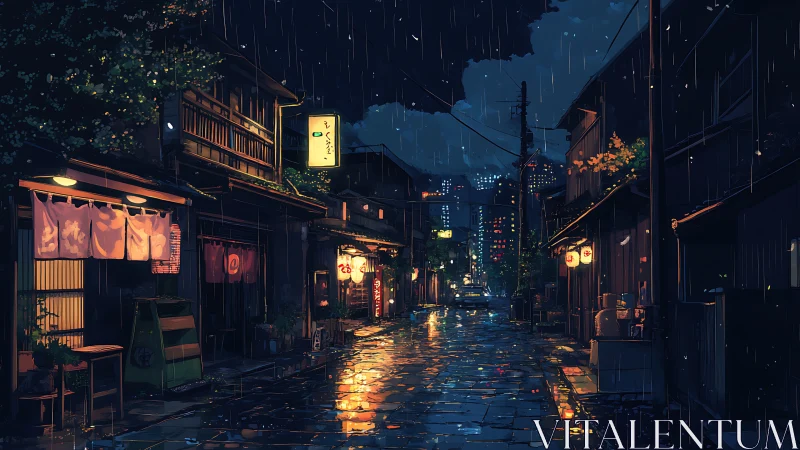 Rain-soaked Japanese alley with neon reflections at night.