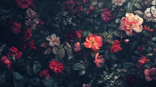 Dense Floral Composition: Layered Roses, Peonies with Sophisticated Dark Palette