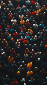 Crowded urban gathering in vivid winter outerwear from above.