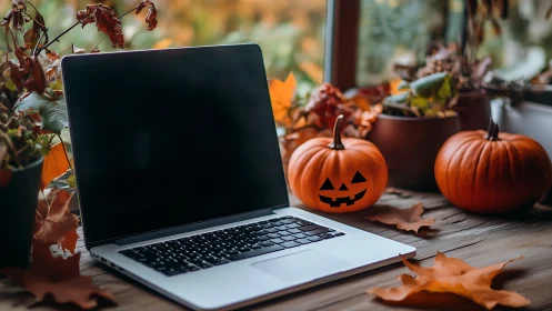 Laptop on cozy autumn desk glows with subtle Halloween charm