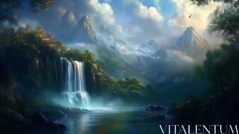 Dreamlike waterfall valley tucked beneath misty peaks.