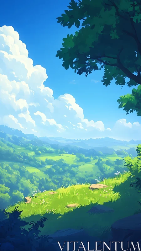 Sunlit hilltop meadow overlooking rolling verdant valleys.