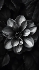 Monochromatic flower structure with layered petals against dark foliage.