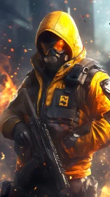 Hooded hazmat soldier advances through blazing urban warzone.