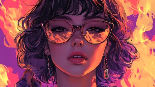Stylized woman in reflective glasses framed by vivid flames