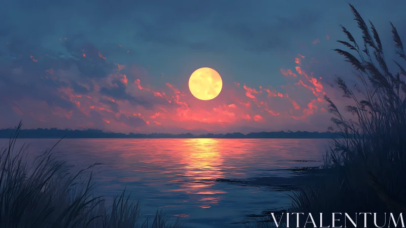 Full moon over calm lake with reeds and distant treeline.