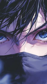 Intense blue-eyed gaze framed by wet hair in close-up anime portrait
