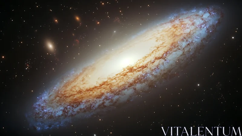 Edge-on spiral galaxy with bright core and star field backdrop.