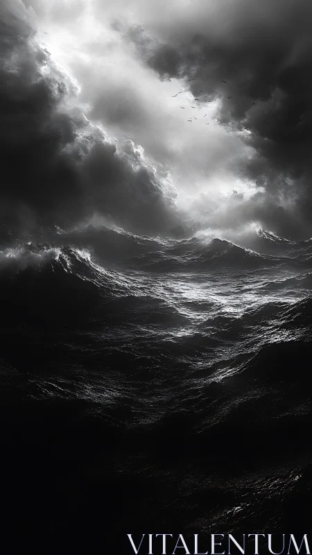 Dark stormy ocean waves under heavy dramatic sky.