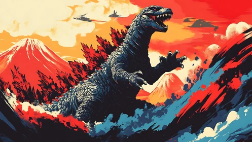 Volcanic dusk roars as a colossal kaiju shreds the skyline.