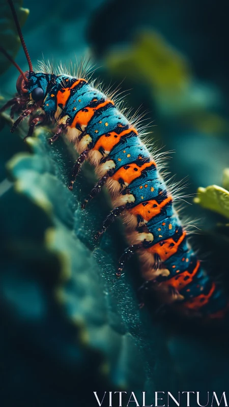 Macro capture isolates spiny blue orange caterpillar on leaf edge