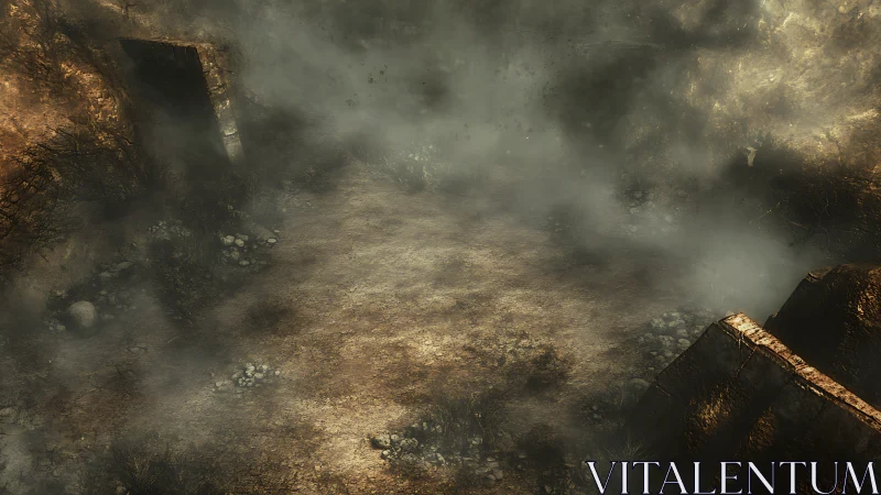 Fog-shrouded wasteland arena suggests post-apocalyptic tension