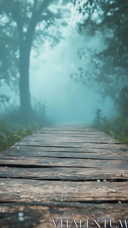 Wooden Bridge Through Misty Forest Path.