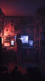Girl stands before multi-monitor workstation in dim study