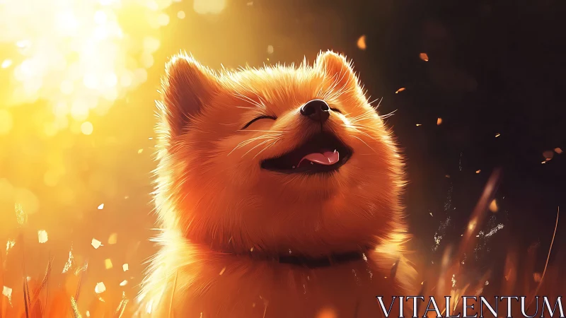 Golden light bathes joyful fluffy puppy portrait.
