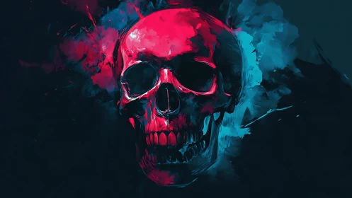 Neon-slashed skull floats between hot crimson and cold cyan