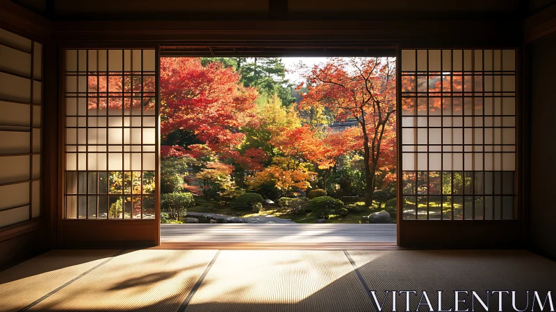 Traditional tatami room overlooking sunlit Japanese maple garden