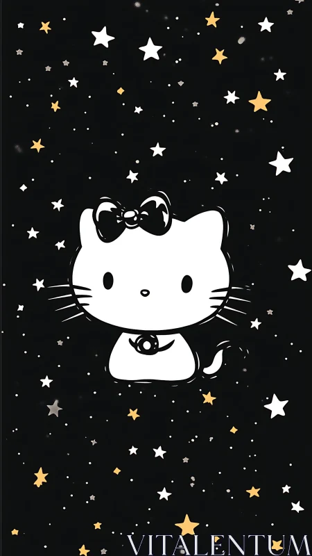 Starlit cartoon kitten quietly drifts through midnight space