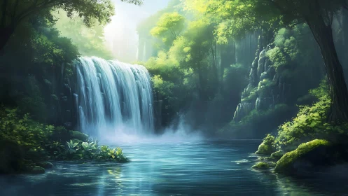 Luminous Waterfall Through Ancient Forest Canyon.