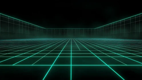 Neon grid corridor recedes in single-point perspective with volumetric fog