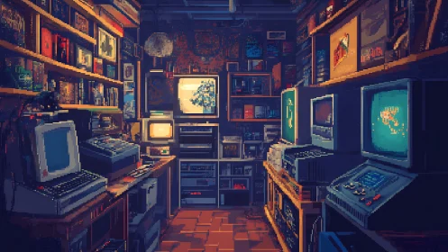 Retro computer lab glows with nostalgic neon and warm clutter