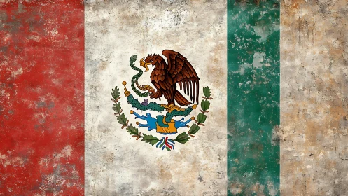 Mexican national flag with weathered textured surface.