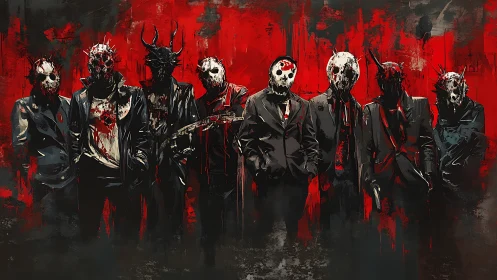 Masked figures in sharp suits stand against a violent red haze