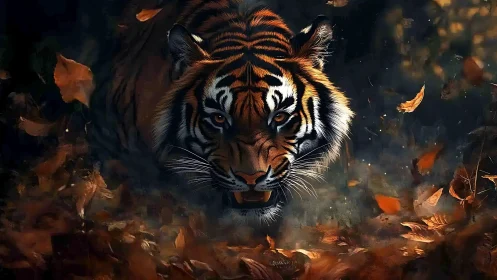 Autumn forest tiger glowing with quiet, watchful power.