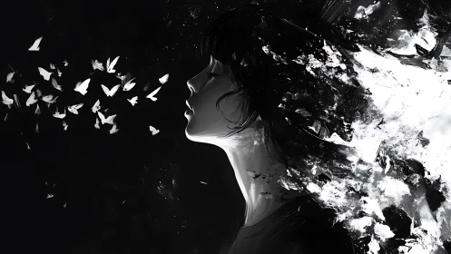 Monochrome profile dissolving into scattering white butterflies.