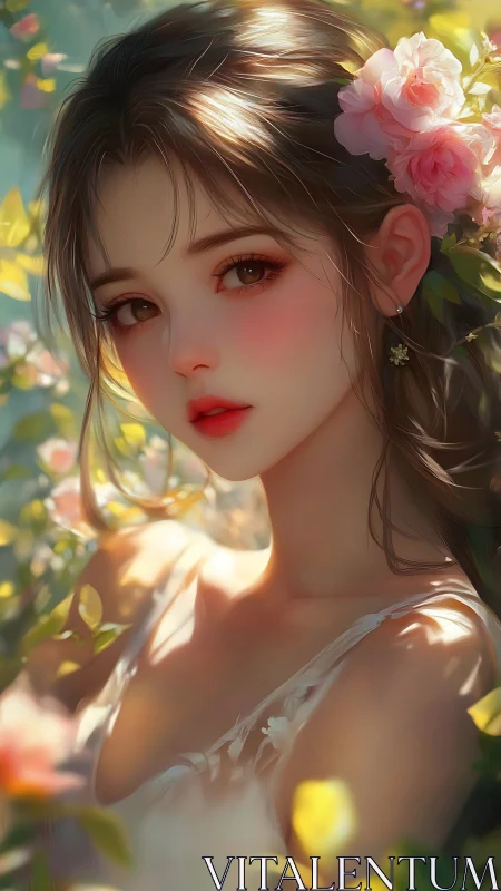 Sunlit anime portrait renders soft-focus floral bokeh field