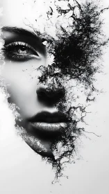 Fragmented monochrome portrait dissolving into ink splashes.