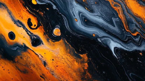 Fiery orange swirls drift through deep blue-black cosmic rivers