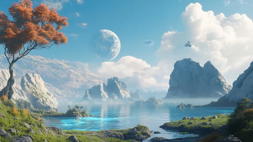 Alien coastal landscape with ringed planet and misty cliffs