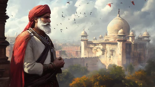 Elder in crimson contemplates a sunlit Mughal palace skyline
