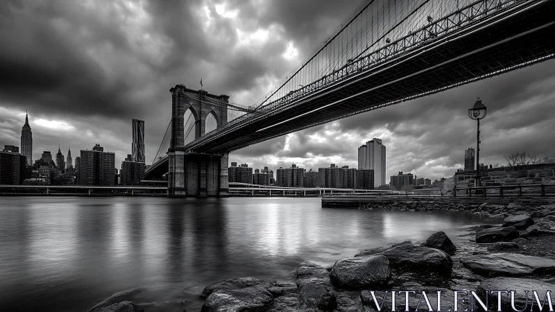 Long-exposure monochrome study of suspension bridge over urban river