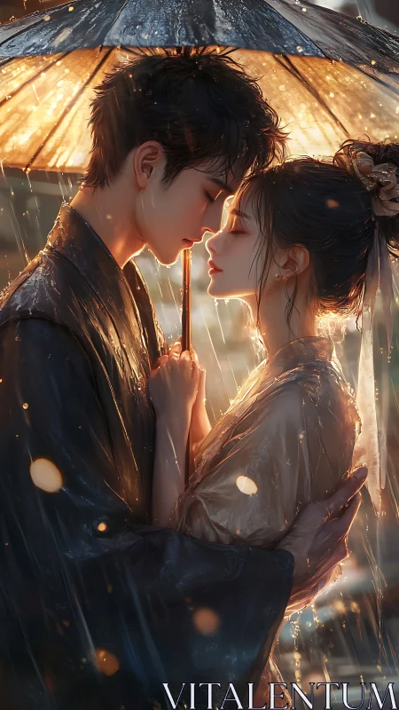 Romantic couple under umbrella in soft rainy evening light.