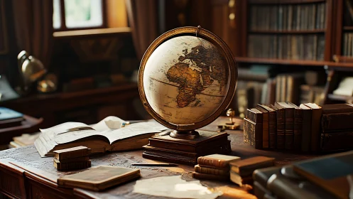 Globe sits on wooden desk among old books in study
