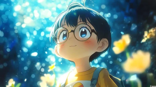 Stargazed child in glasses wandering through glowing daydream.