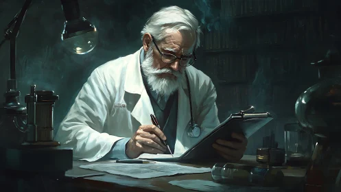 Elderly scientist studies research notes in dim lab.